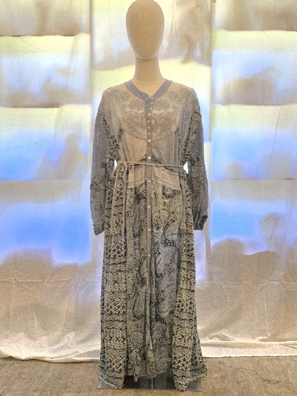 Free People Gray Paisley Maxi Dress with Self-Tie Waist